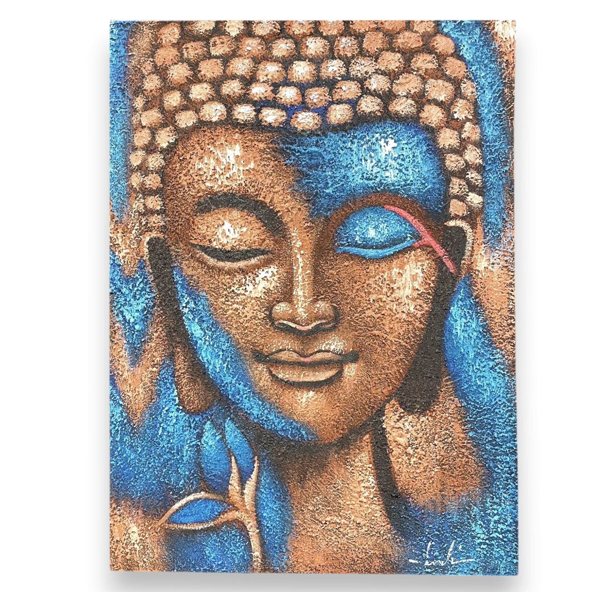 Buddha Painting - Bronze & Blue Flower 75x55cm - Image 3