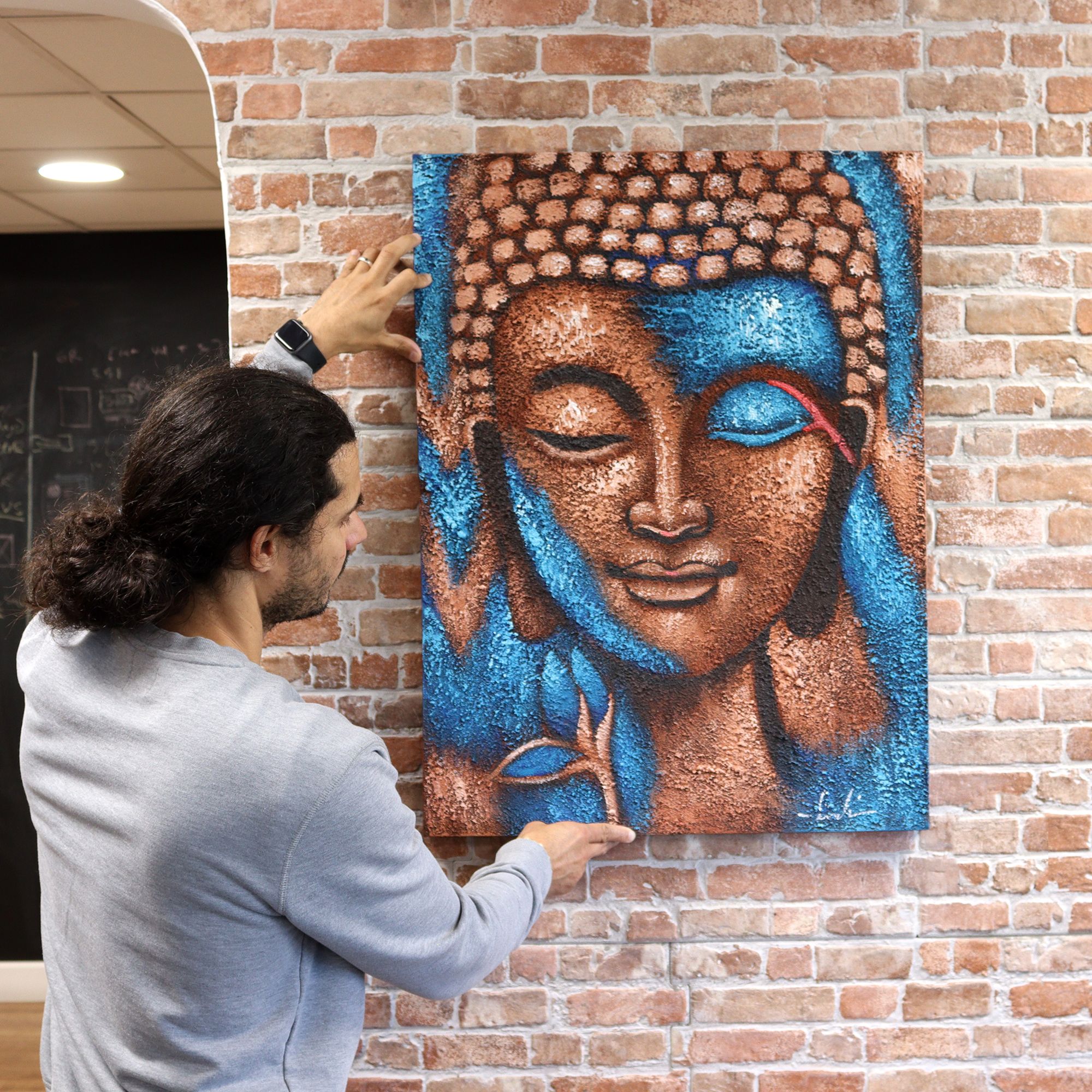 Buddha Painting - Bronze & Blue Flower 75x55cm - Image 2