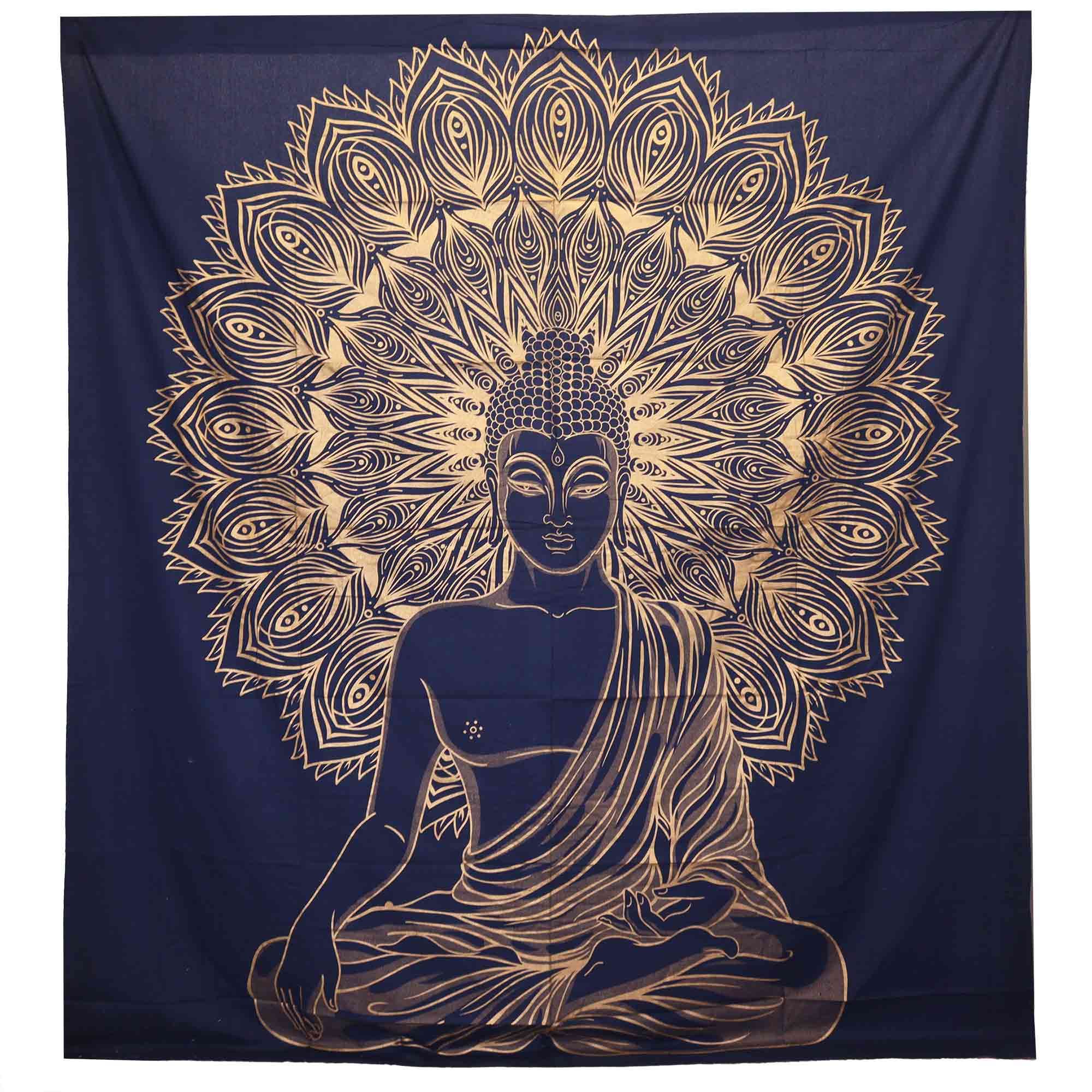 Double Cotton Bedspread + Wall Hanging - Buddha - Blue Gold - Image 2