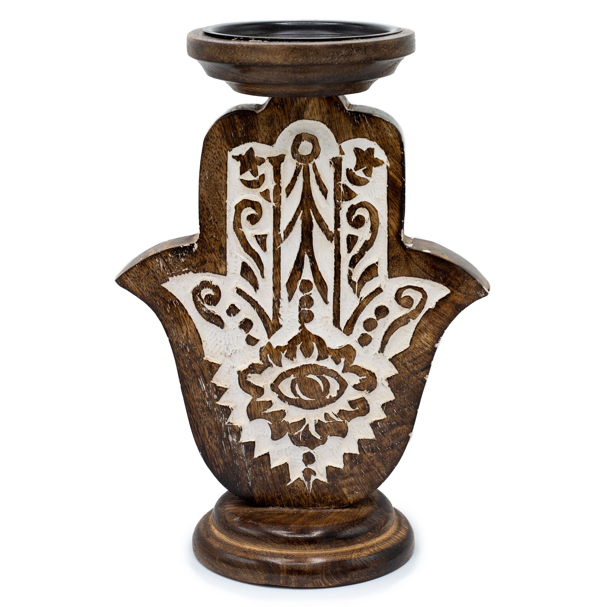Mango Wood Candle Stand - Hamsa - Large - Image 2
