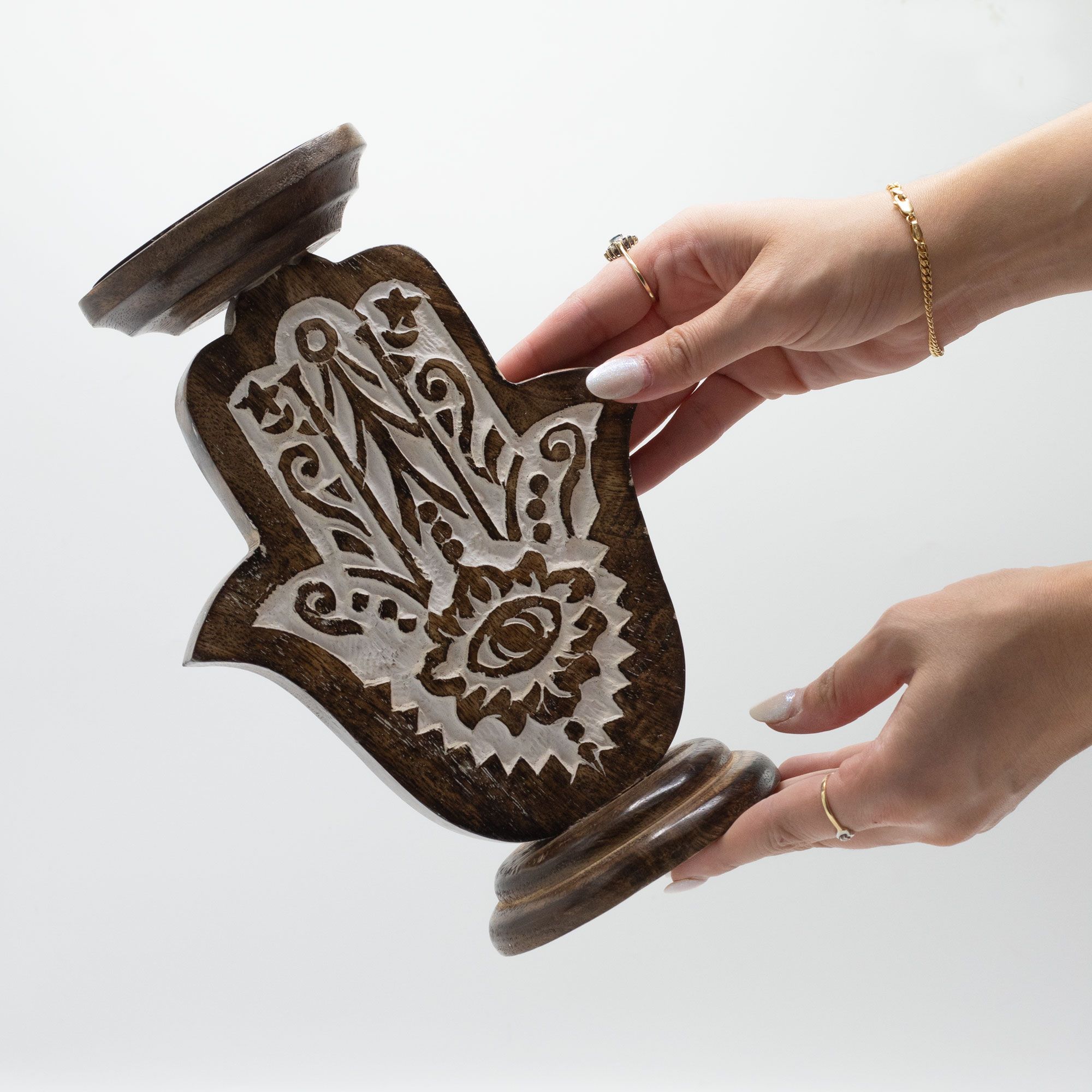 Mango Wood Candle Stand - Hamsa - Large - Image 4