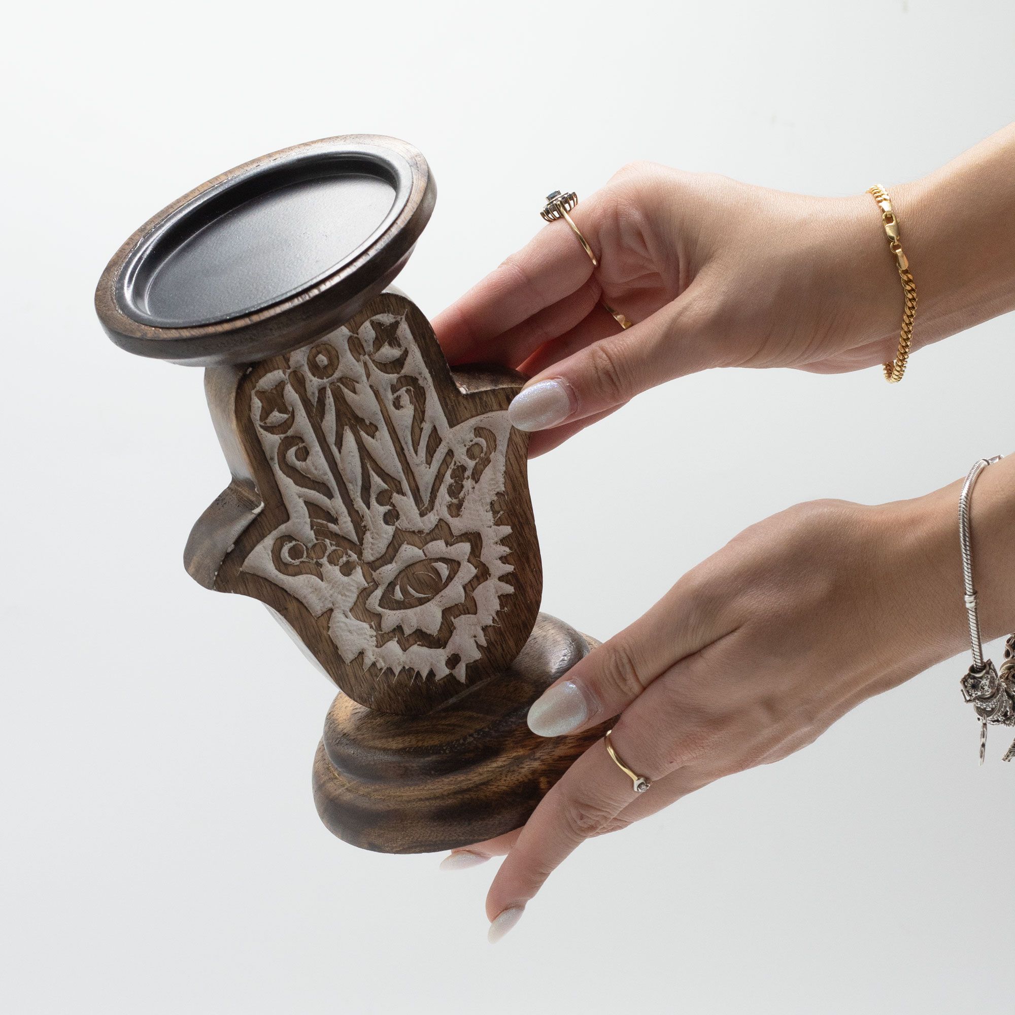 Mango Wood Candle Stand - Hamsa - Small - Image 5