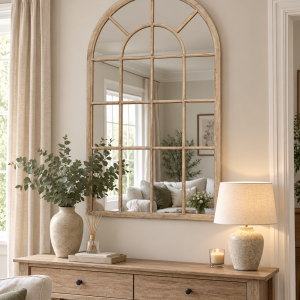 Washed Wood Arched Window Mirror