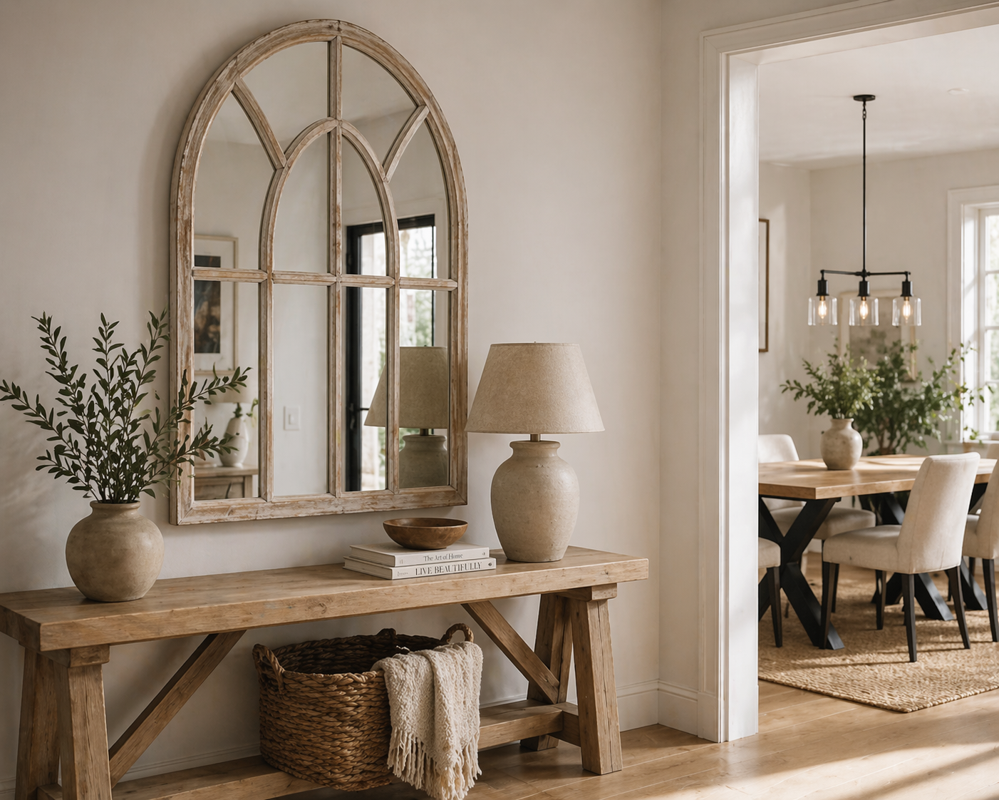 Washed Wood Arched Window Mirror