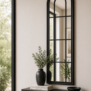 Black Wood Tall Arched Window Mirror