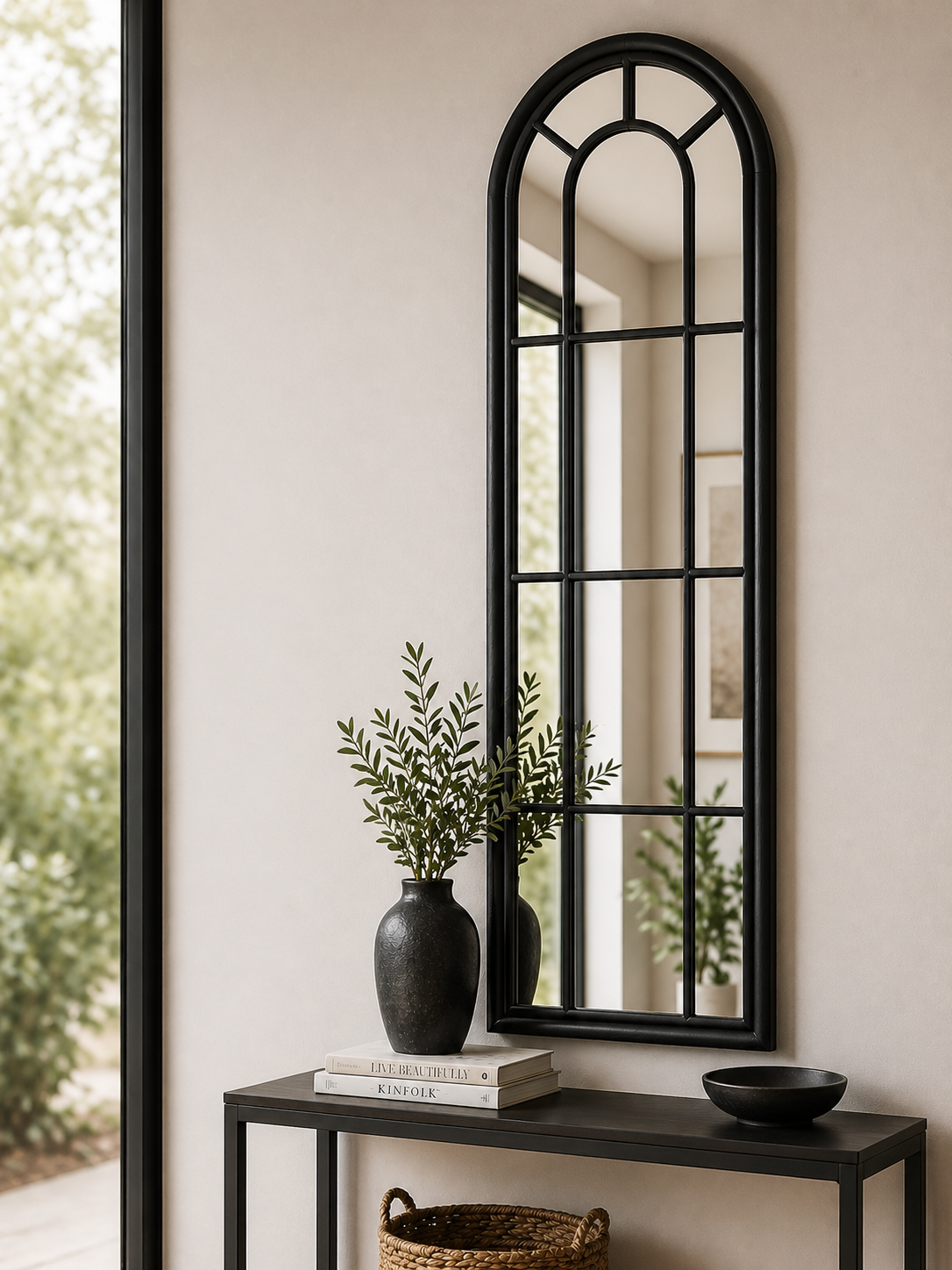 Black Wood Tall Arched Window Mirror
