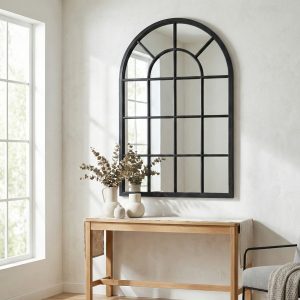 Black Wood Arched Window Mirror
