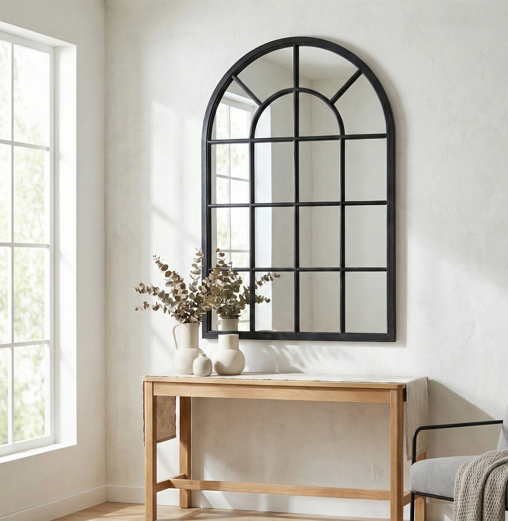 Black Wood Arched Window Mirror