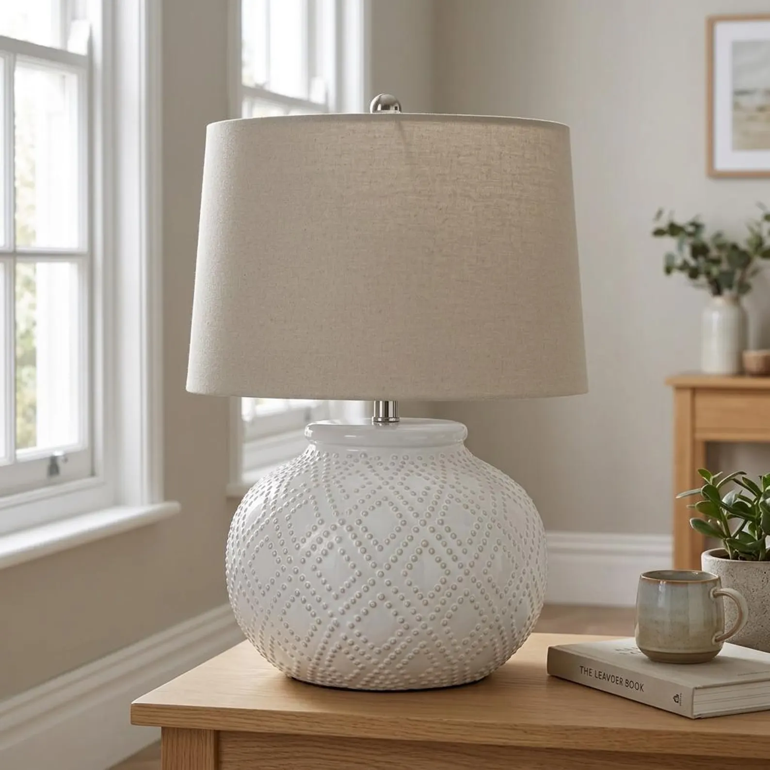 Squat White Beaded Ceramic Lamp With Linen Shade