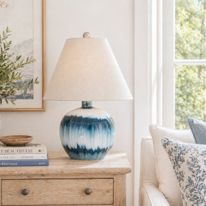 Ocean Shadows Squat Table Lamp With Linen Shade