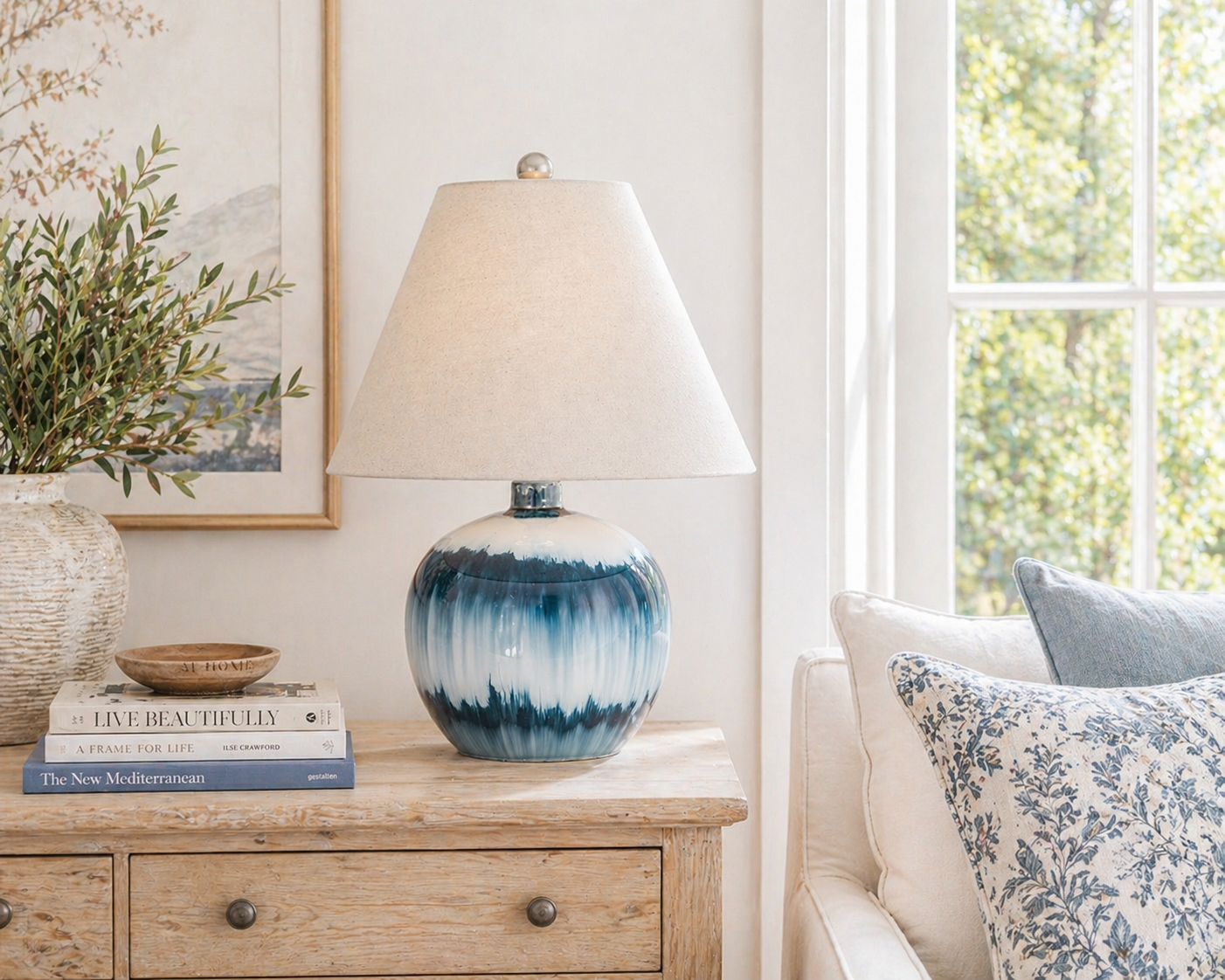 Ocean Shadows Squat Table Lamp With Linen Shade