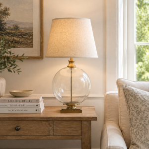 Lunel Glass Orb Table Lamp With Edged Linen Shade