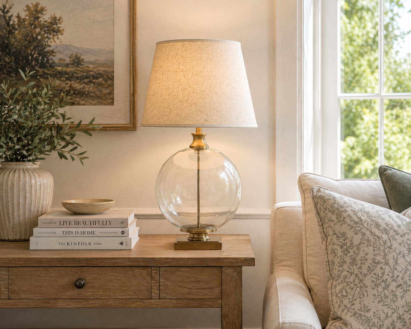 Lunel Glass Orb Table Lamp With Edged Linen Shade
