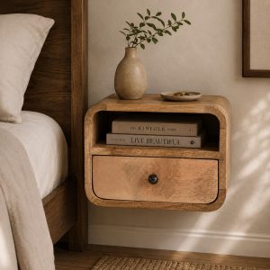 Extra Mini Wall Mounted Curved Oak-ish Bedside with Open Slot