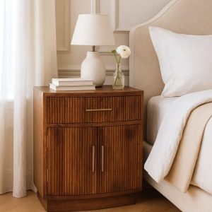 Solid Wood Curved Ribbed Bedside with Drawer