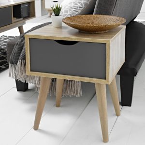 SCANDI OAK END TABLE GREY DRAWER