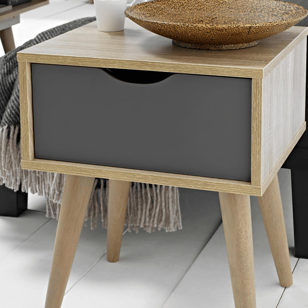 SCANDI OAK END TABLE GREY DRAWER - Image 2