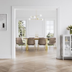 Antibes Gold Dining Table 4 Carlo Taupe Chairs with Arms