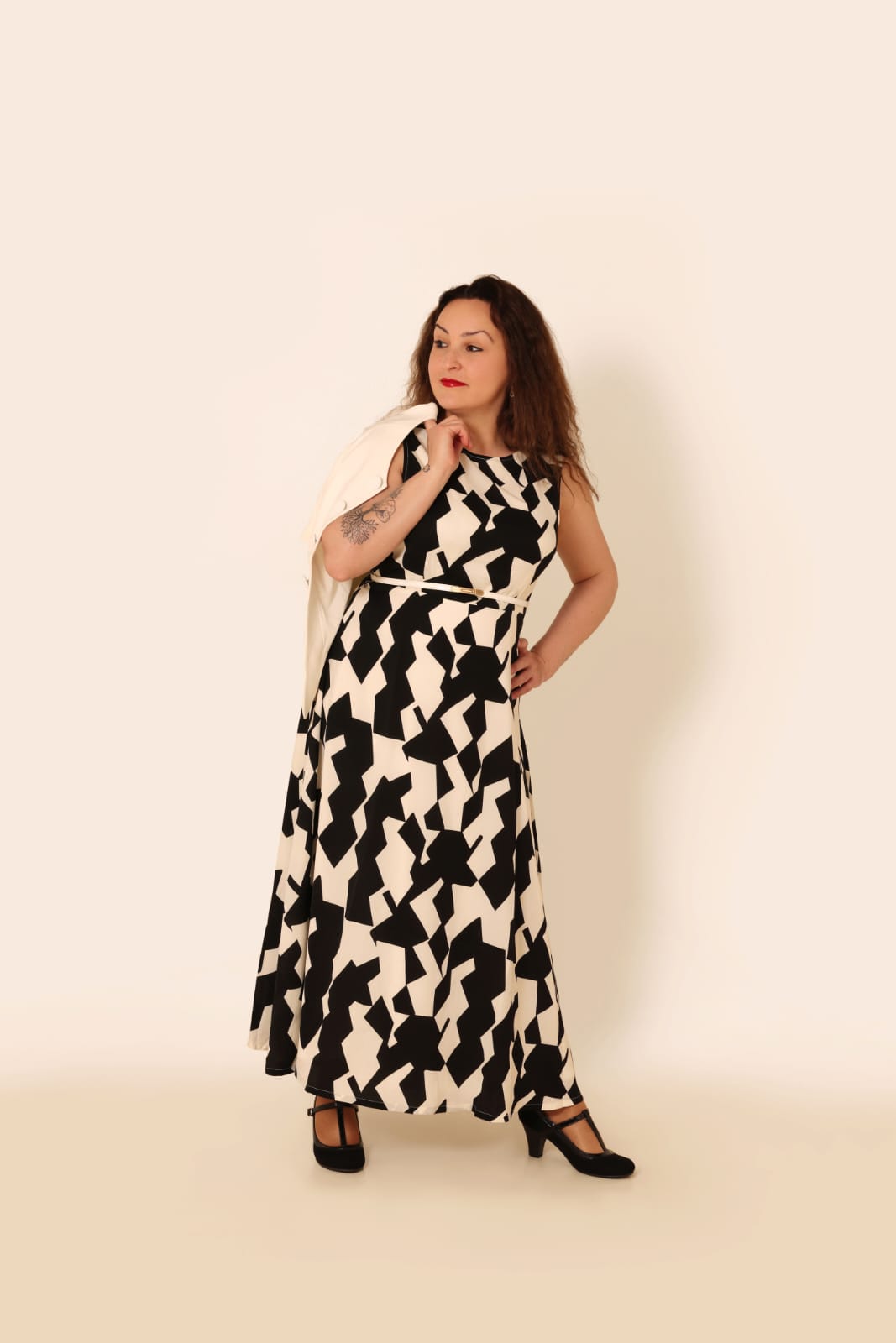 Purity Crest Short‑Sleeve Blazer + Monochrome Harmony Dress