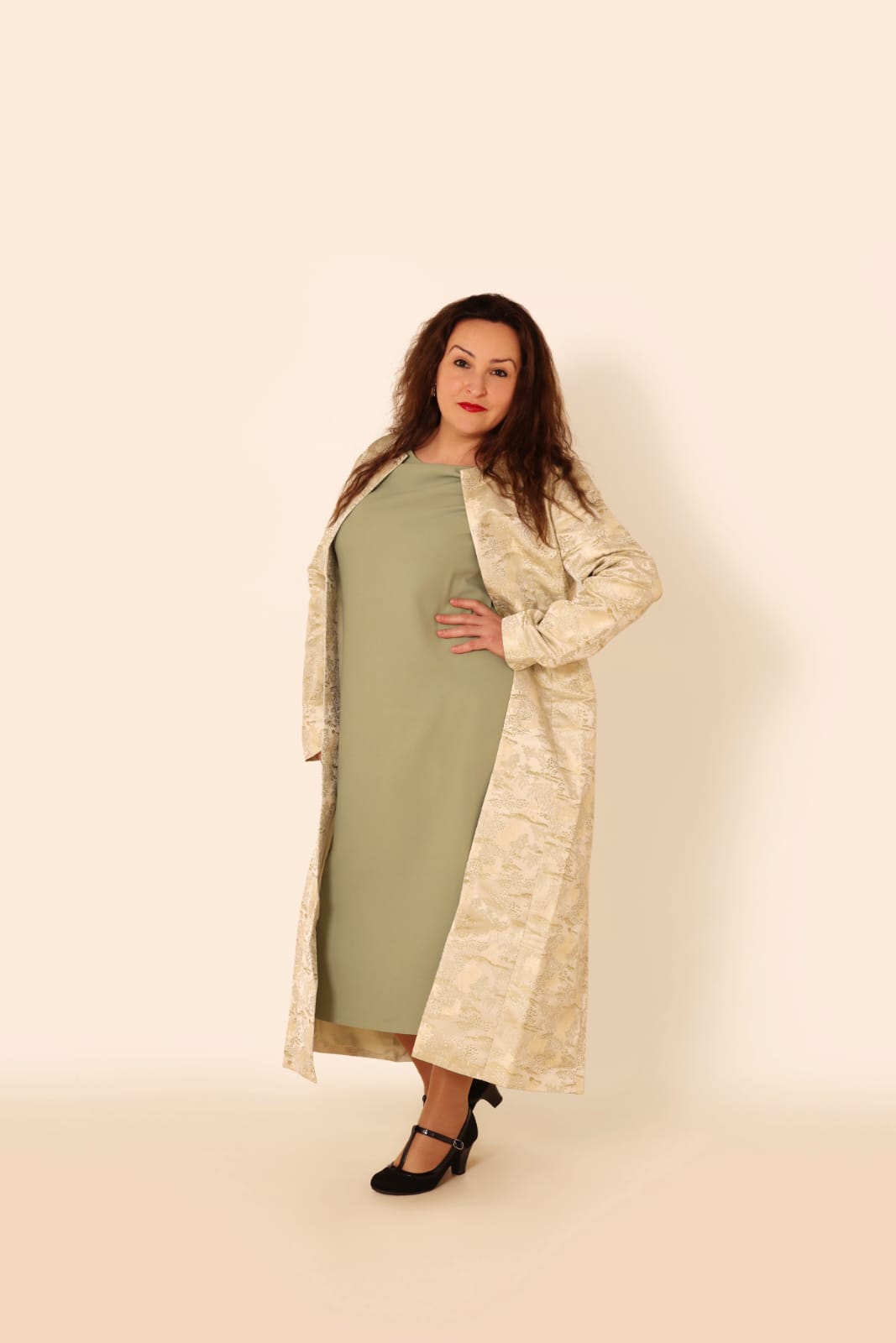 Sage Grace Midi Dress + Heritage Brocade Coat
