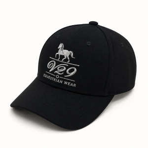 Black V29 equestrian cap with silver embroidered horse logo.