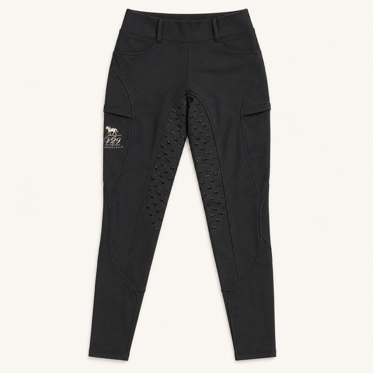 Black V29 fleece-lined winter riding leggings with pony silicone grip and two phone pockets.