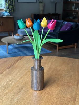 Mixed colour new shaped tulips with walnut "Neolist" vase