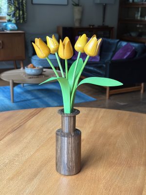 Yellow new larger shape tulips with walnut "Neolist" vase
