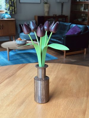 Purple new shaped tulips with natural walnut 'Neolist' vase