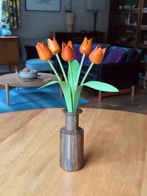 Orange new shape tulips with English walnut 'neolist' vase