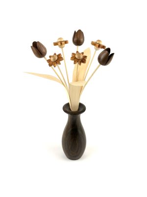 Natural  wood daisy and tulip with walnut vase