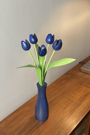 5 blue tulips with 'cool' vase set