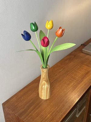 5 mixed colour tulips with natural ash 'cool' vase