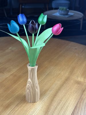 5 mixed colour tulips with heartwood natural ash vase