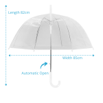 Clear umbrella with 82cm length and 85cm width, automatic open feature.