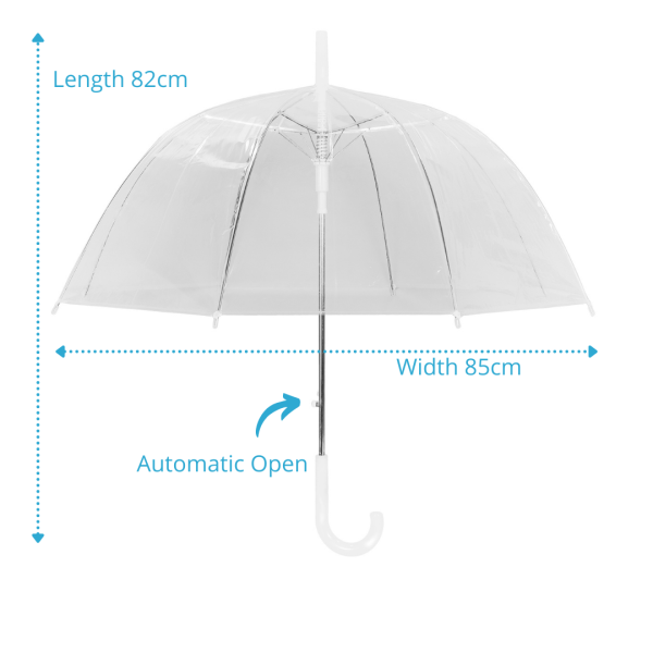 Clear umbrella with 82cm length and 85cm width, automatic open feature.