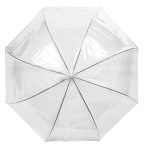 Transparent umbrella with metal frame for rain protection in the UK.