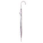 Clear plastic umbrella with white hook handle for rain protection.