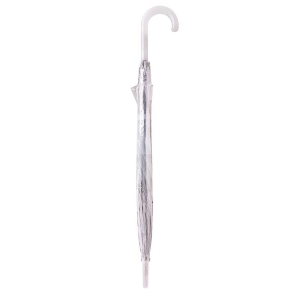 Clear plastic umbrella with white hook handle for rain protection.