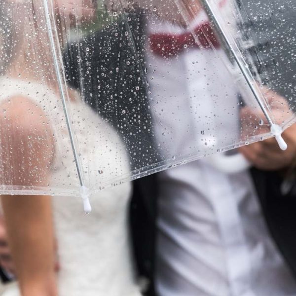 Transparent umbrella with raindrops in a rainy setting in the UK.