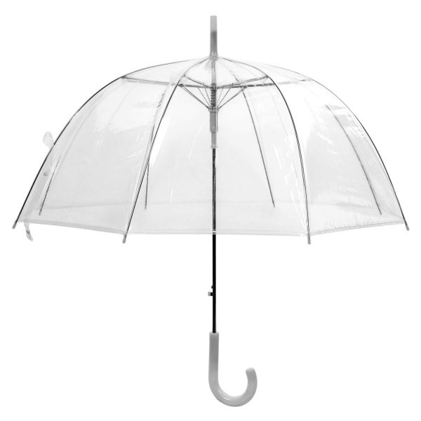 Transparent umbrella with a white handle, ideal for rain protection and style.
