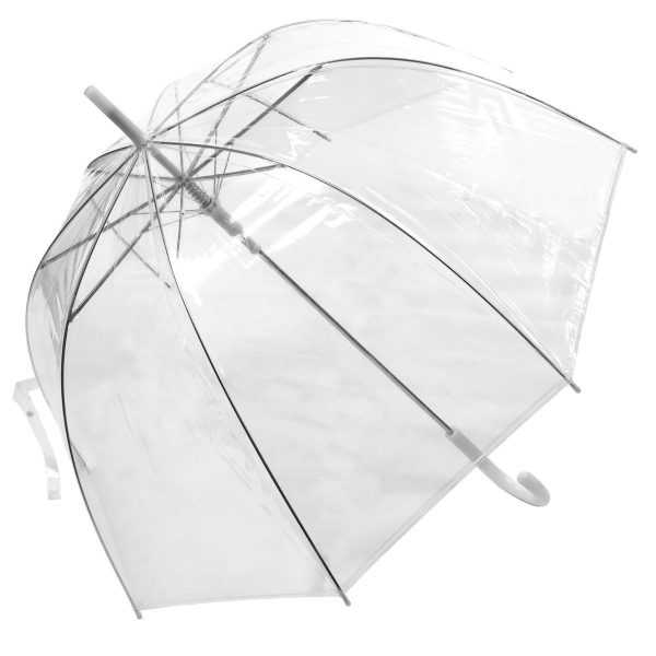 Transparent umbrella with metal frame and curved handle for rain protection.