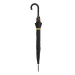 Black compact umbrella with curved handle and colourful band detail.