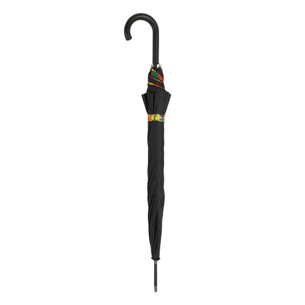 Black compact umbrella with curved handle and colourful band detail.