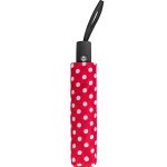Red and white polka dot umbrella with automatic open and close feature.