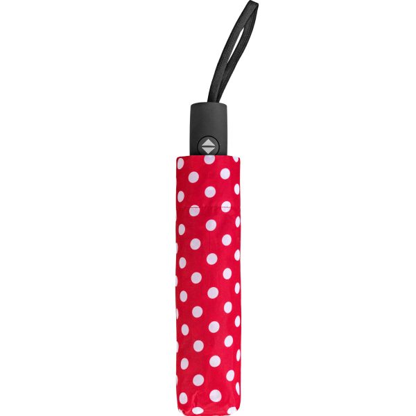 Red and white polka dot umbrella with automatic open and close feature.