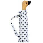 Cute duck head umbrella with polka dot cover and wooden handle.
