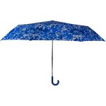 Blue floral pattern crook handle umbrella for rain protection.
