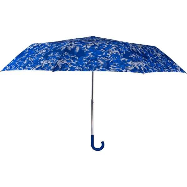 Blue floral pattern crook handle umbrella for rain protection.