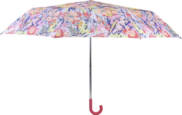 Colourful floral umbrella with crook handle for UK weather.